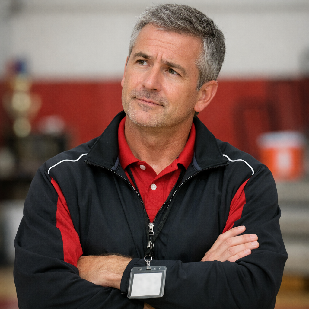 an athletic director looking slightly puzzledinteresteddo not include any drawings over the image  show an athletic director only-1